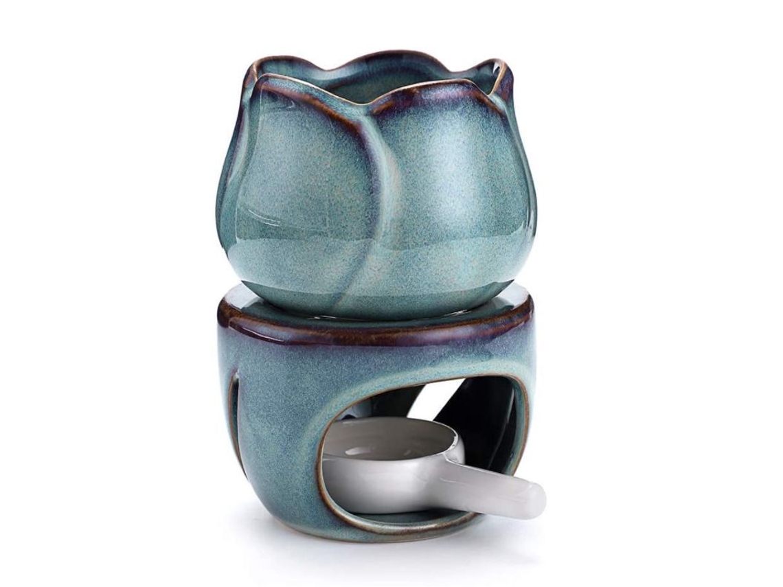 Portavelas Decorativo Para Velas Aromáticas, Diseño Floral, Con Cuchara Para Vela, Azul, Porcelana.