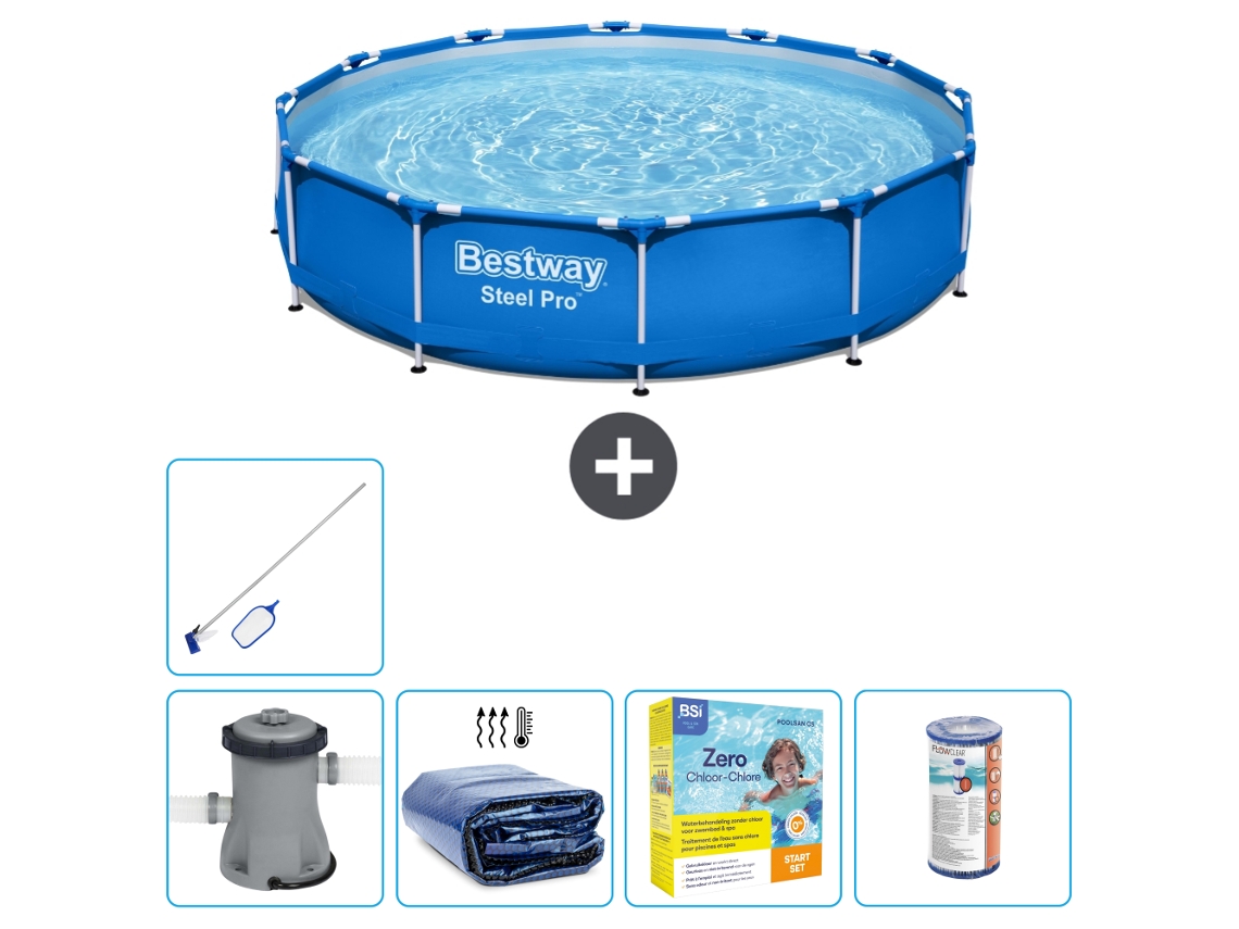 Piscina BESTWAY Round Steel Pro - 366 x 76 cm - Azul - Bomba incluida Vela solar - Paquete de mantenimiento - Filtrar - kit de limpieza