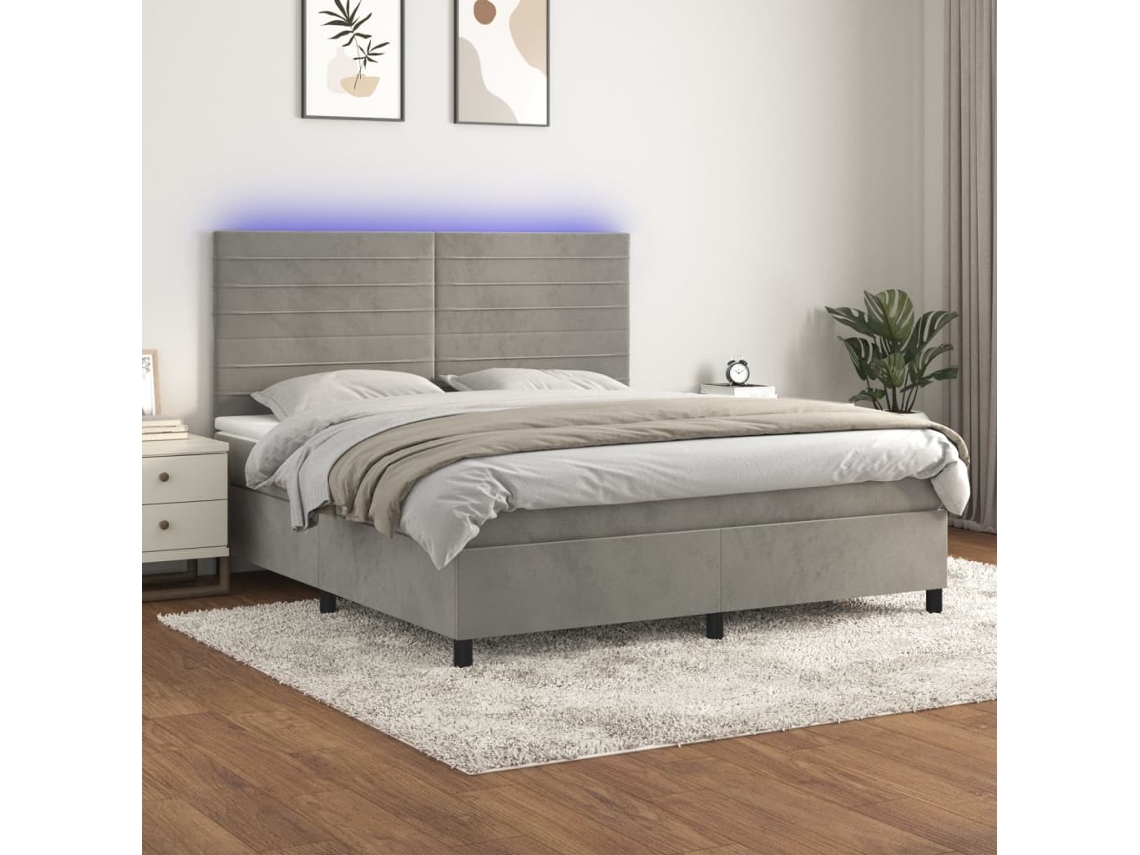 Cama Box Spring Colchón Y Led Terciopelo Gris Claro 160x200 Cm