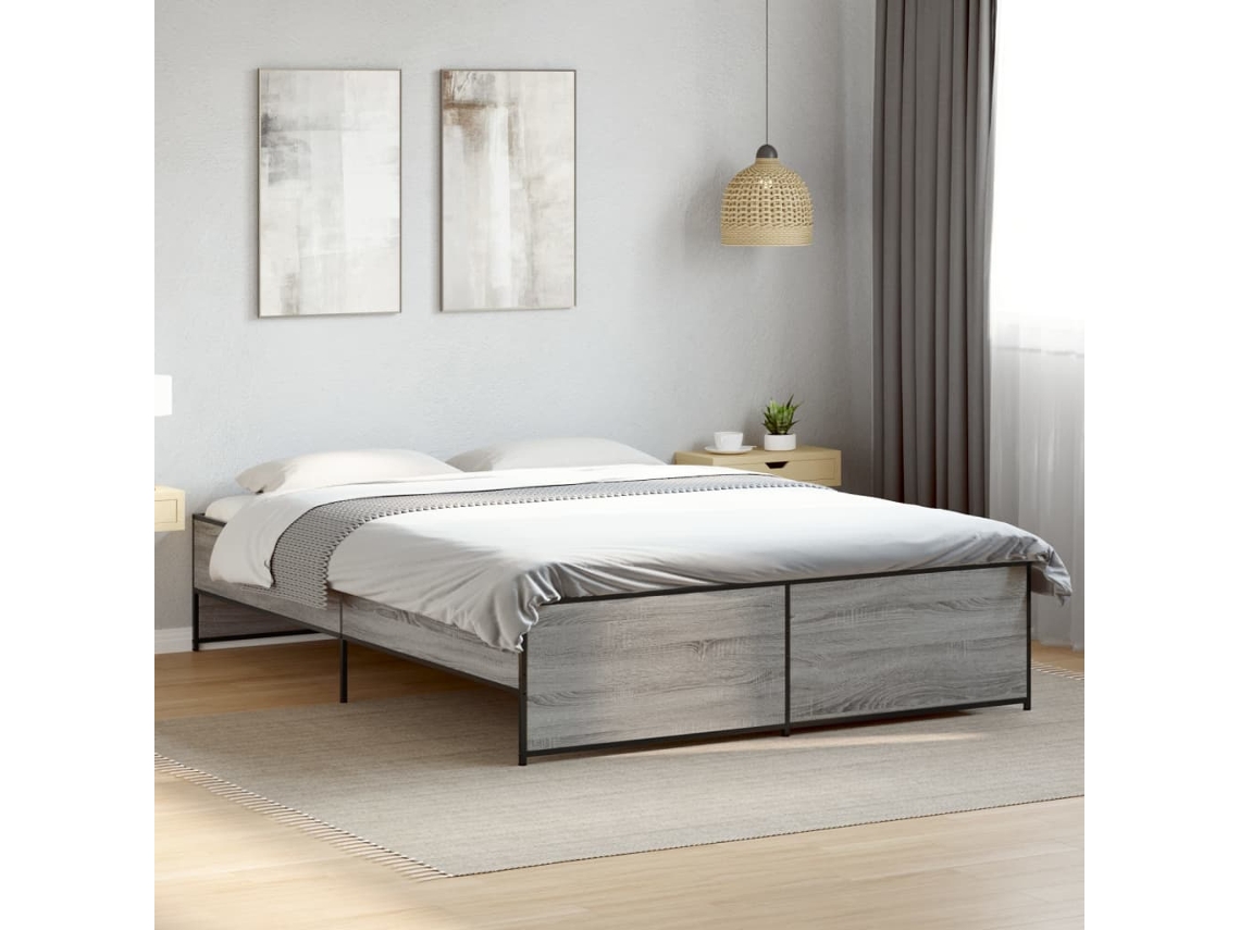 Estructura Cama Madera Ingeniería Metal Gris Sonoma 160x200 Cm