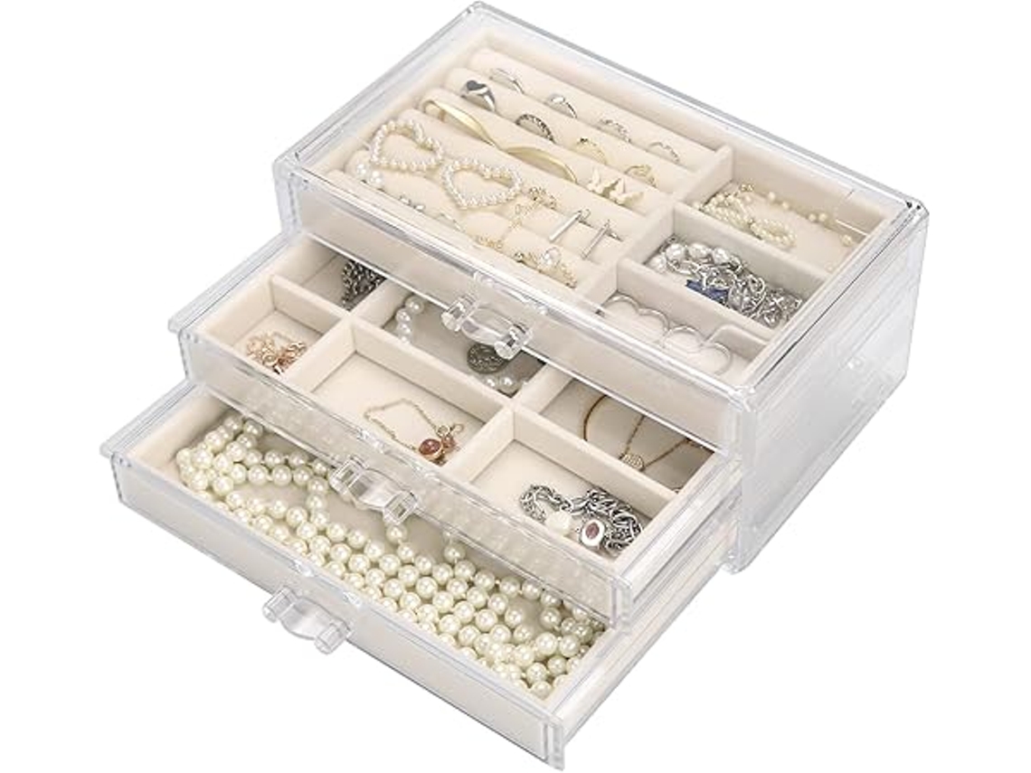 Caja De Joyas Acrílico Con Tres Cajones Y Forro Terciopelo También Puede Utilizarse Como Vitrina Es El Regalo Ideal Para Una Mujer.