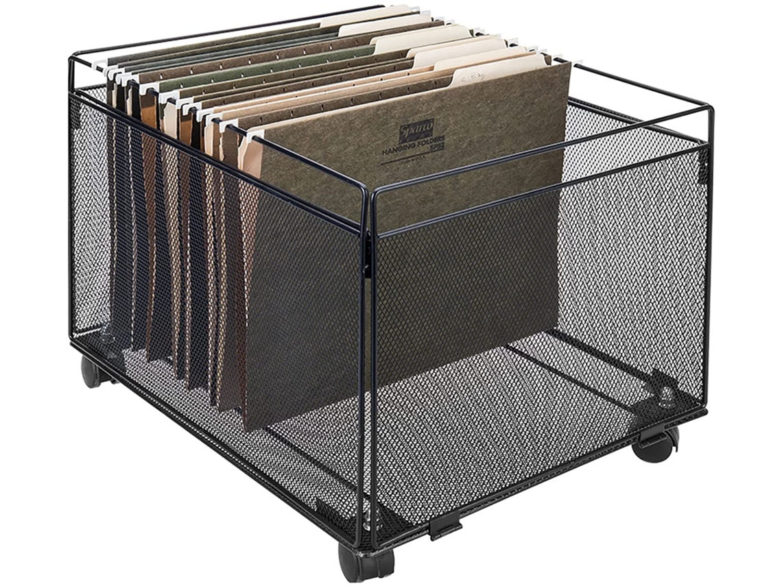 KOFIHETY Innovador organizador de archivos colgante para carpetas tamaño carta y legal, plegable, de malla metálica negra, ahorrador de espacio multifuncional.