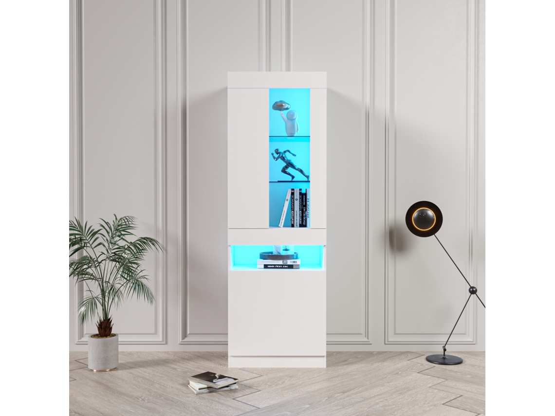 Vitrina vertical LED blanca de 180 cm con estantes de cristal, iluminación acogedora y estilo para guardar libros.