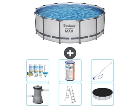 Piscina BESTWAY Round Steel Pro MAX - 396 x 122 cm - Gris - Bomba incluida - Escalera - Cobertor Paquete de mantenimiento - Filtrar - kit de limpieza