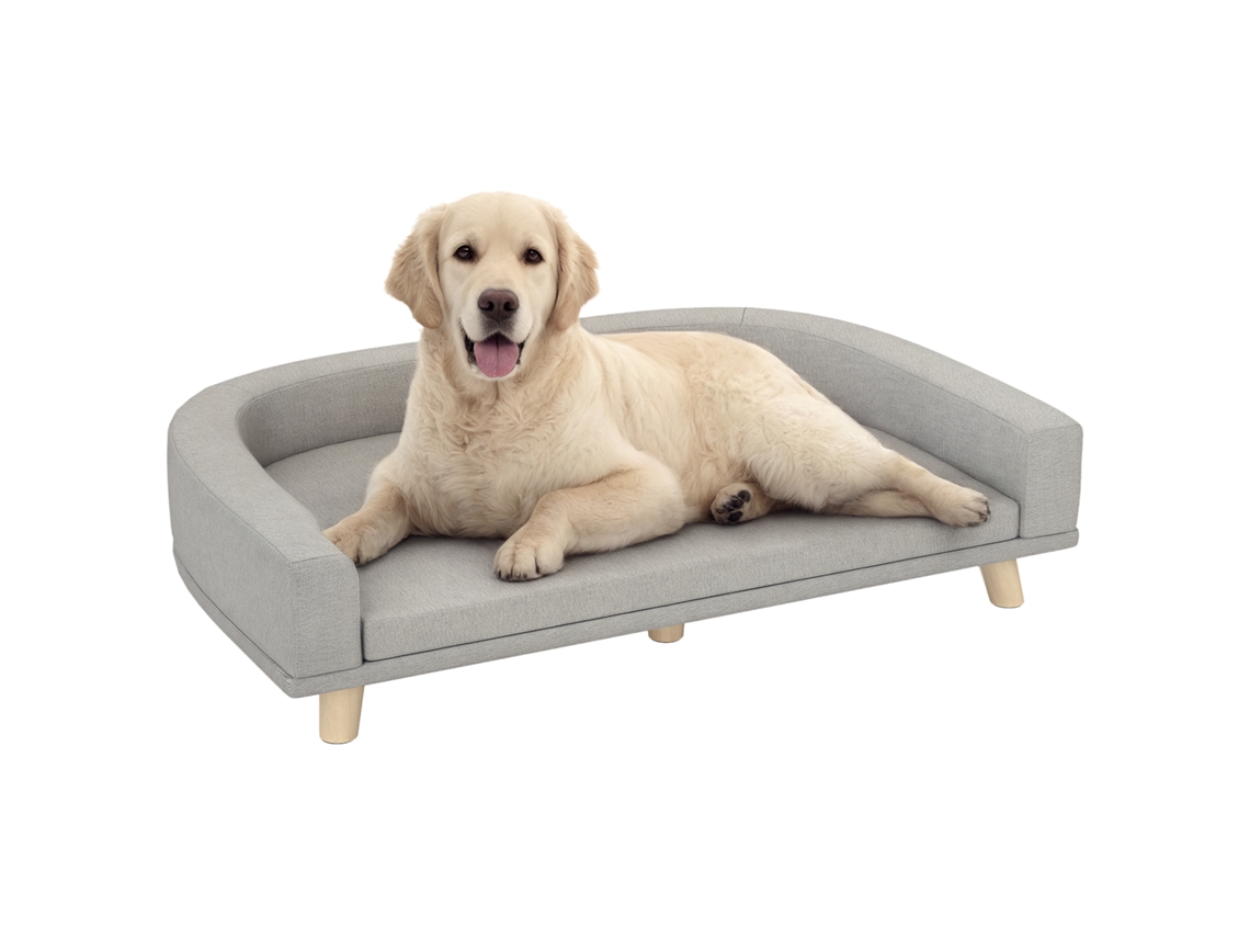 Sofá cama grande y elevado para perros con cojín lavable, estructura de madera, tejido de poliéster, 98 x 67 x 25 cm, gris.