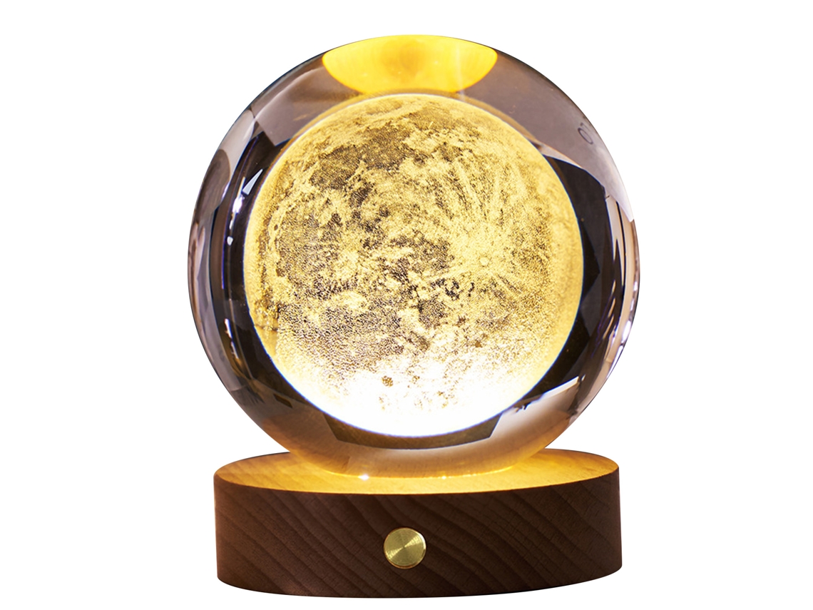 Rebe-lámpara De Noche De Cristal 3d Con Base De Madera, Luz Suave, Recargable, Para Dormitorio Hogar Luna