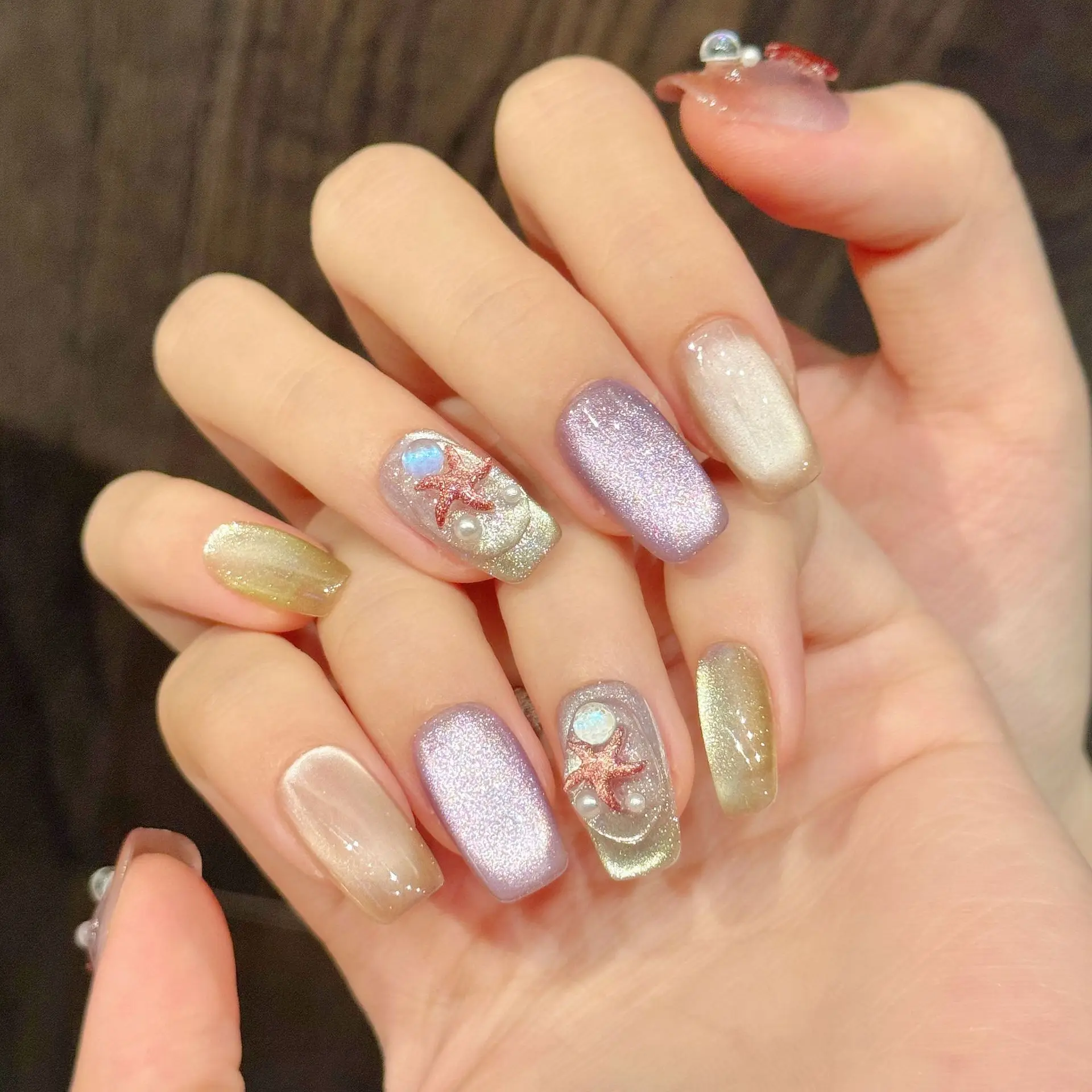 (2961-m) 10 Uñas Postizas Ovaladas Hechas A Mano, De Longitud Media, Estilo De Presión.
