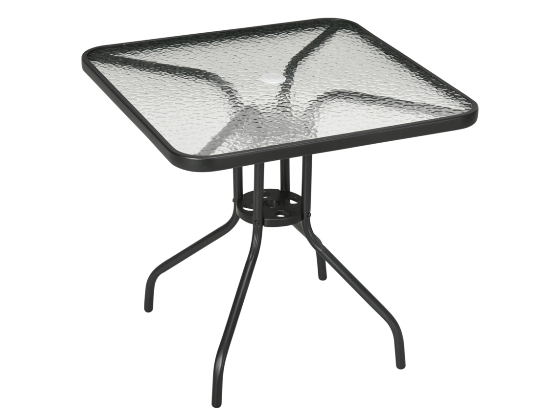 Mesa de jardín desmontable de metal, 76x76 cm, resistente a la intemperie, cuadrada, con orificio para parasol, antideslizante.