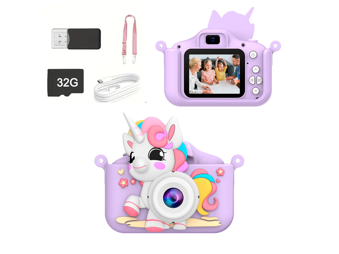 Cámara infantil Gertiz Unicorn con pantalla IPS de 2.0 pulgadas y cámaras duales, grabación de video HD de 1080p, 32 g, color morado