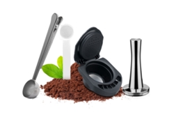 Juego de tres piezas para cápsulas Dolce Gusto Piccolo XS: soporte de acero inoxidable, cuchara y prensador.