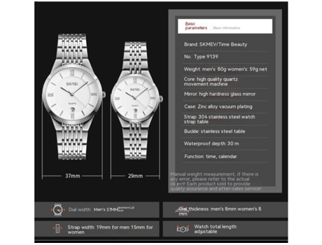 Relojes de Pareja para Hombres y Mujeres Relojes de Pulsera de Cuarzo analógicos Acero Inoxidable Aguja de Plata Hombres VEANXIN