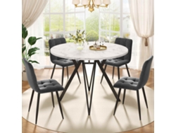 Juego de mesa de comedor de 5 piezas, mesa redonda de 100 cm con patas de metal negro y sillas de lino gris.
