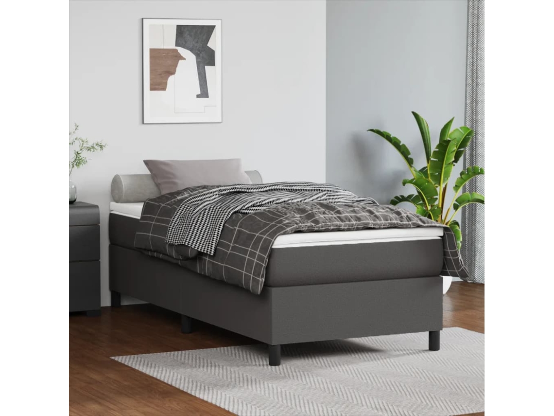 Cama Box Spring Con Colchón Cuero Sintético Gris 90x200 Cm