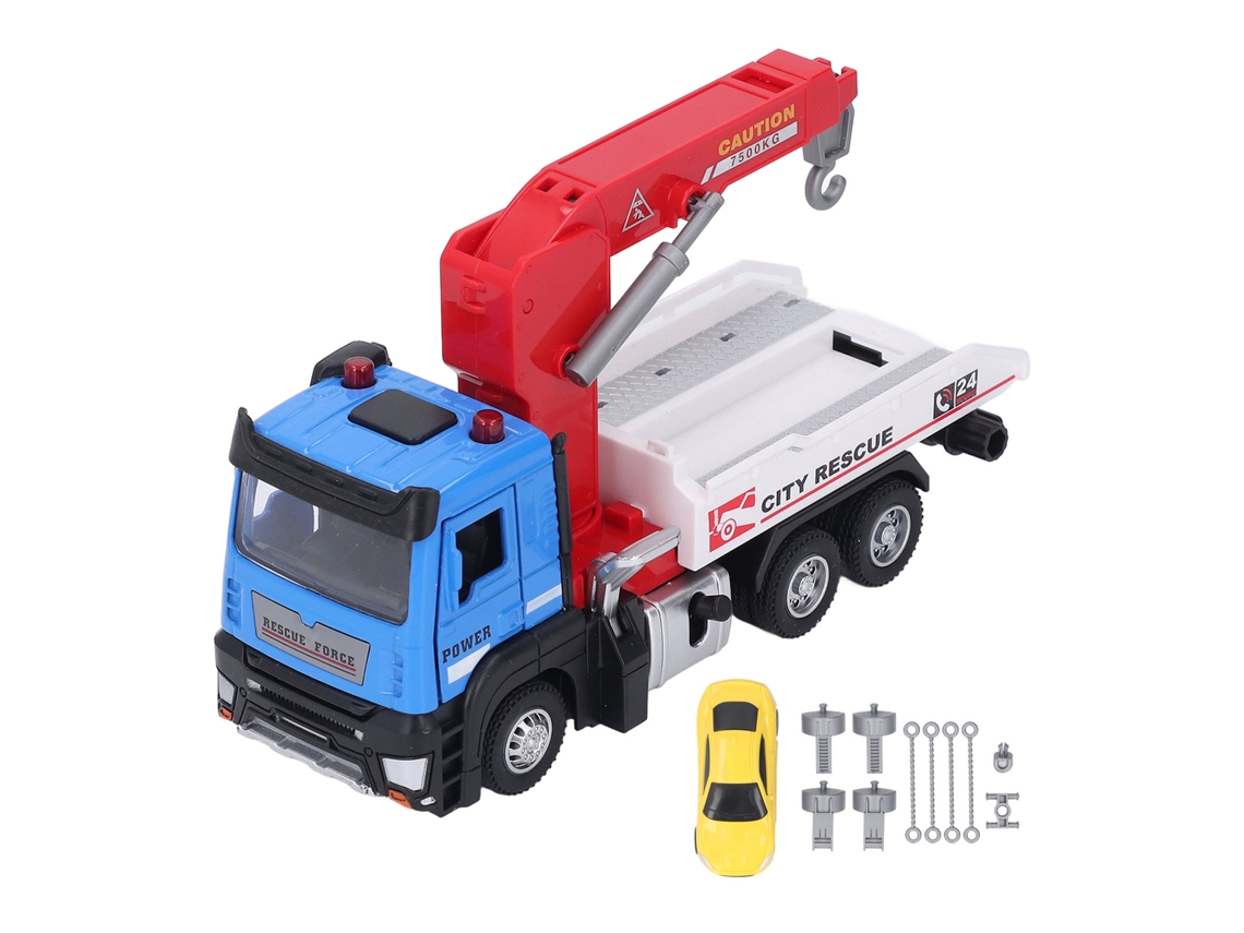 Brinquedo Caminhão Guindaste Transporte Com Gancho E Carro Modelo 1:32 Azul