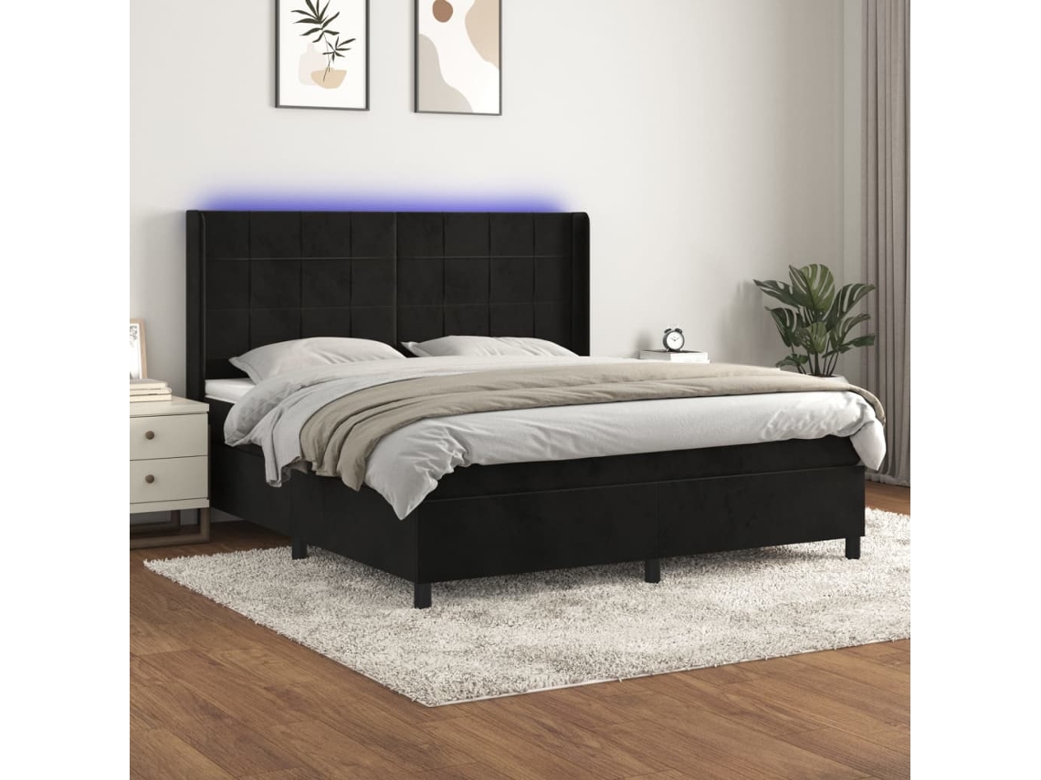 Cama Box Spring Colchón Y Led Terciopelo Negro 160x200 Cm