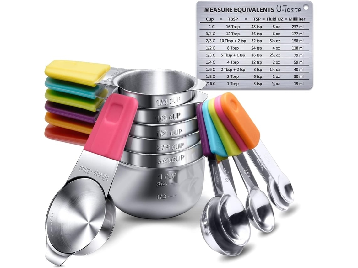 Juego de taza y cuchara medidora magnética, taza anidada de acero inoxidable 18/8, 13 piezas, 7 cucharas Gusshious de 5 piezas