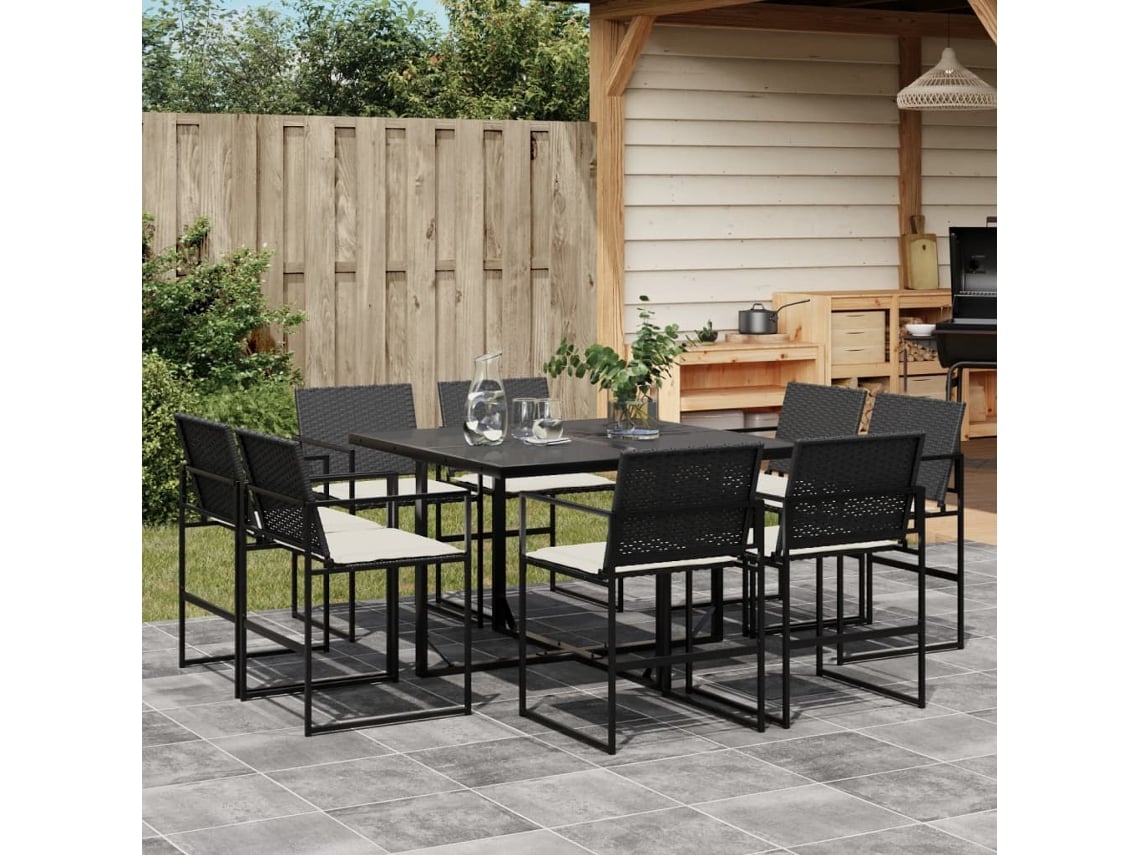 Juego de comedor de jardín de 9 piezas con cojines, mimbre sintético negro, DKD Home Decor