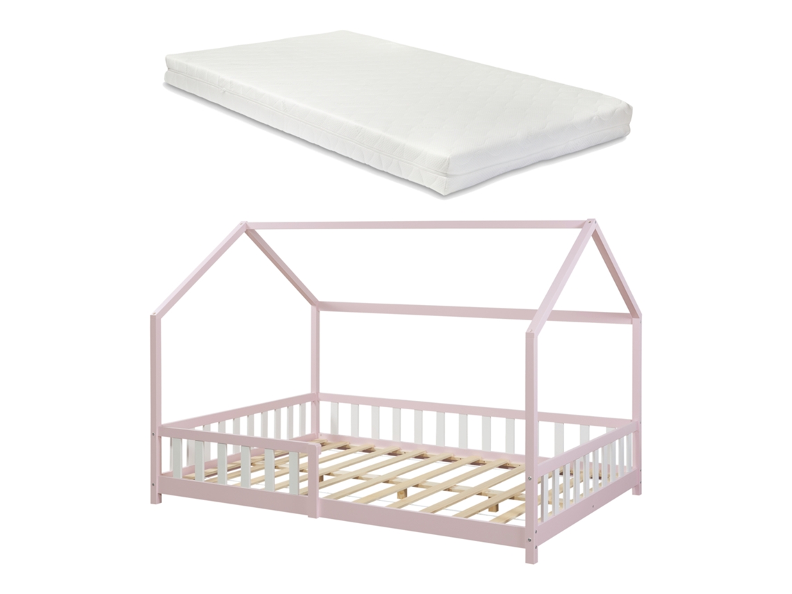 Cama infantil Hesel en forma de casa con reja y colchón 140x200cm - Rosa [EN.CASA]