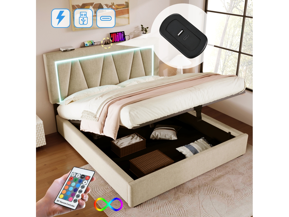 Cama Doble 160x200 Cm, Led Y Usb-c, Almacenamiento, Lino, Base Incluida, Colchón No Incluido.