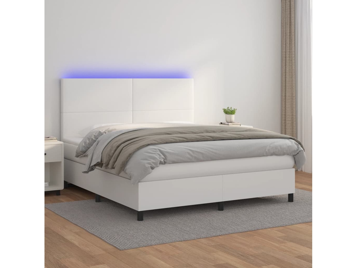 Cama Box Spring Colchón Y Led Cuero Sintético Blanco 180x200 Cm