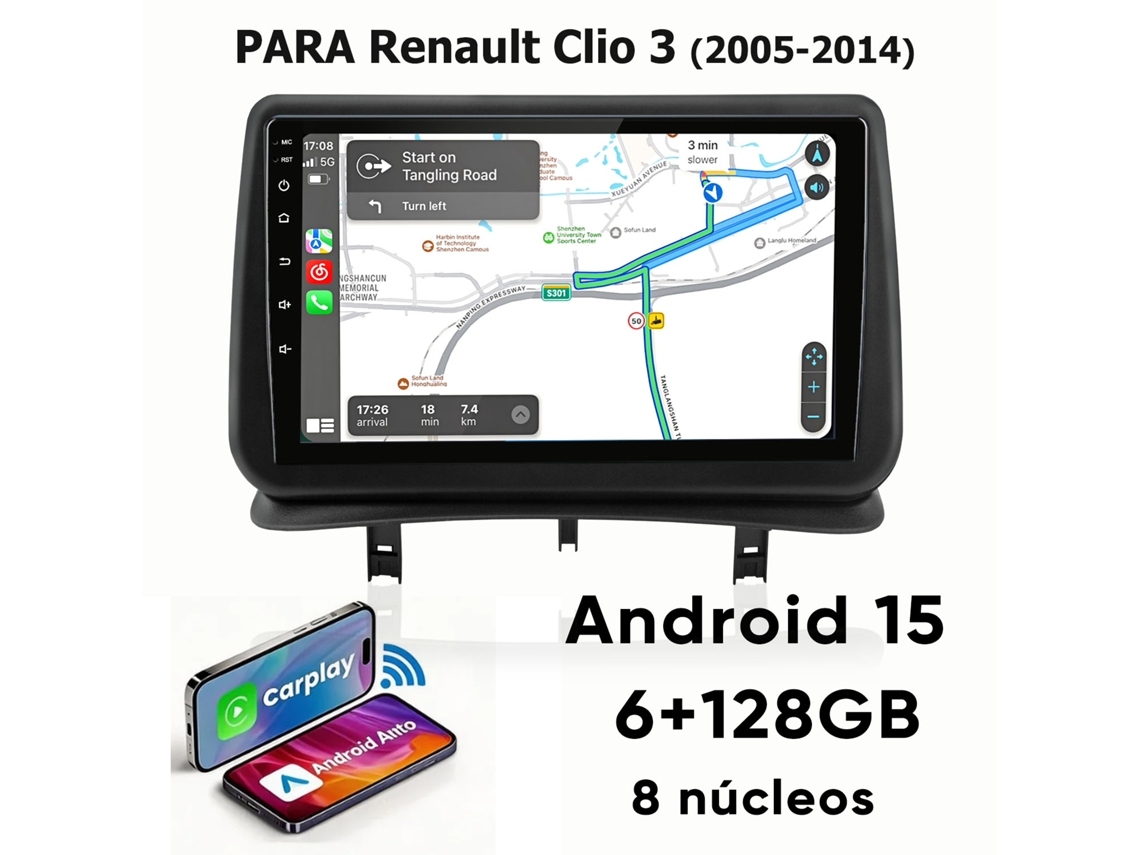Radio Para Coche Android 15 De 9 Pulgadas (6 Gb + 128 Gb) — Wifi Y Bt 5.0 — Para Renault Clio Iii (2005–2014) — Hexinex Carplay