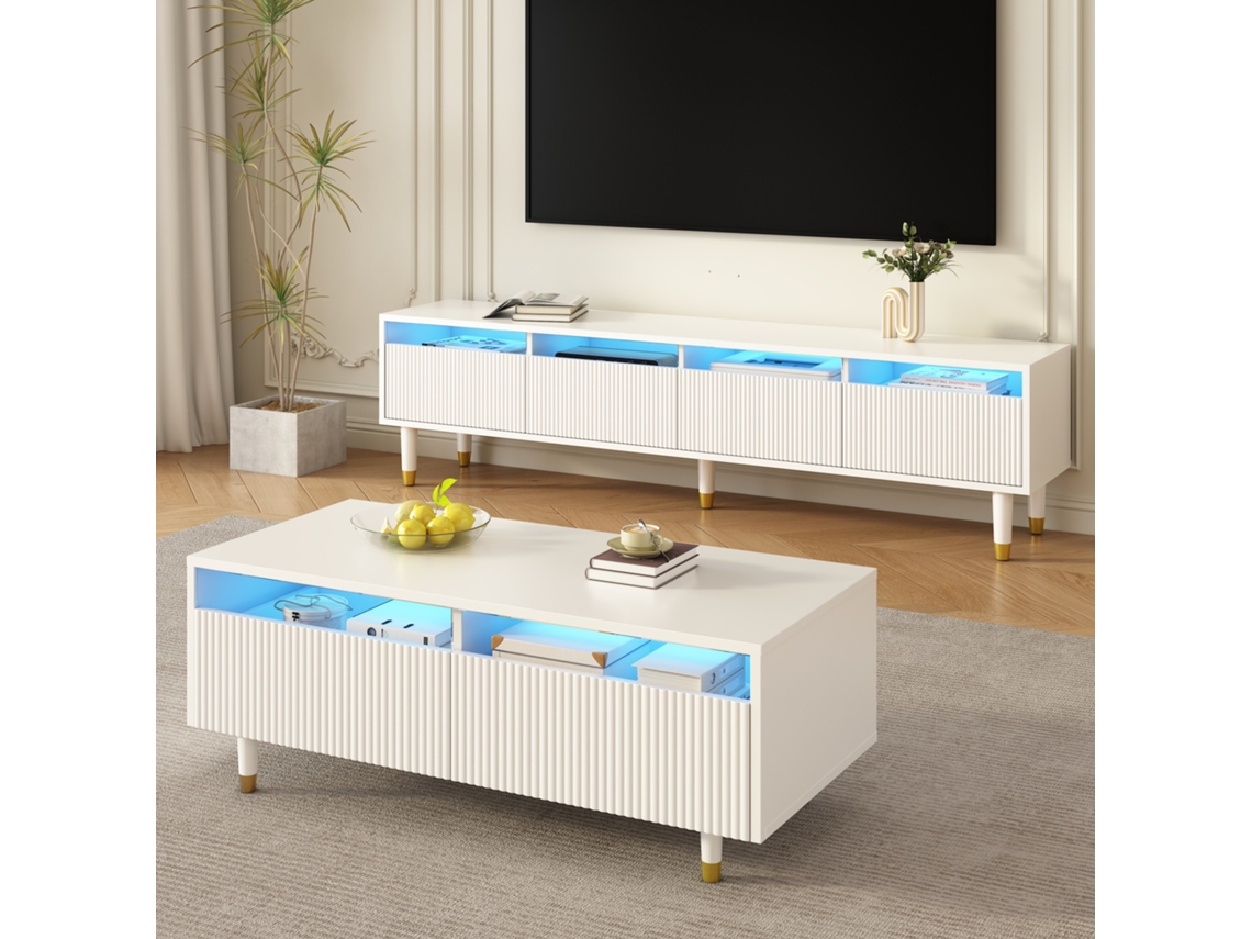 Mueble Para Tv Led De Acrílico Blanco Y Dorado Con Diseño Ondulado Para Sala De Estar.