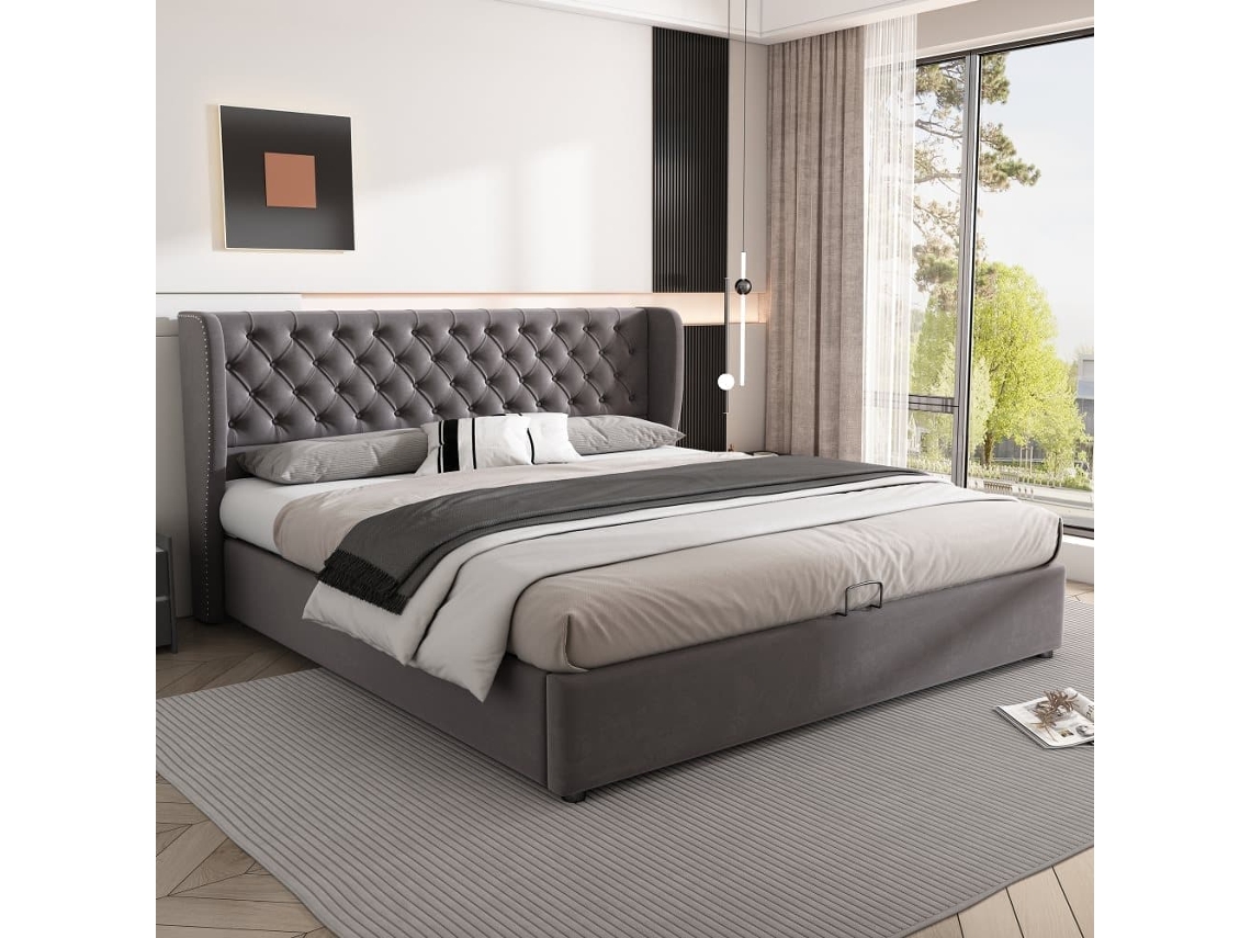 Cama Contenedor Acolchada De Terciopelo 160x200 Cm Con Somier De Láminas - Gris