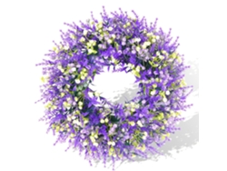 Guirnalda de flores artificiales en tonos lavanda y violeta.
