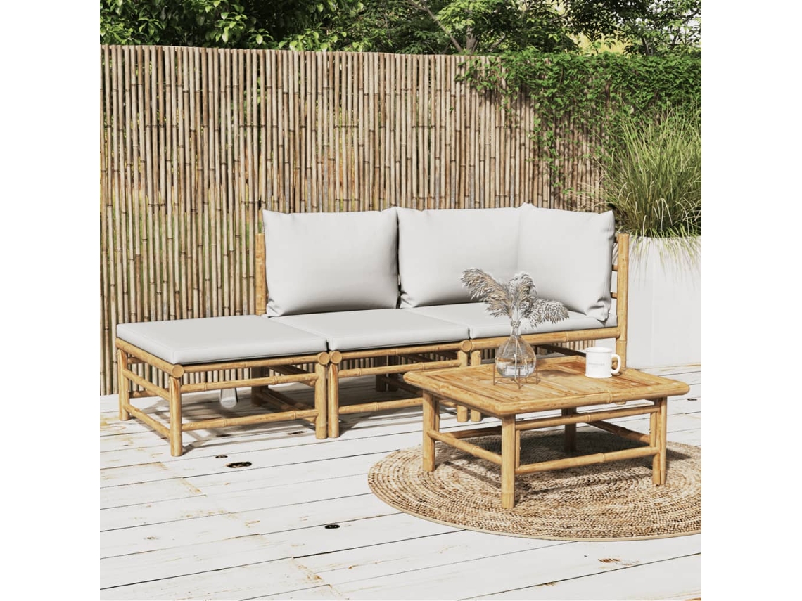 Conjunto de jardín de bambú de 3 piezas con cojines gris claro DKD Home Decor