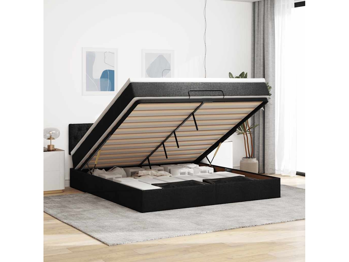 Estructura De Cama Otomana Con Colchón Tela Negra 160x200 Cm