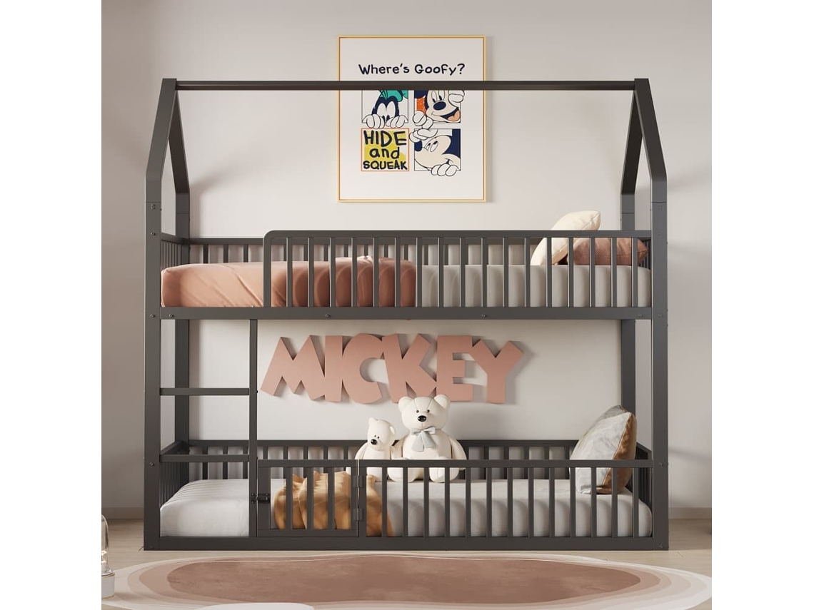 Cama Literas Infantil 90x200 - Cama Doble Metálica, Diseño Loft, Con Escalera Y Puerta Pequeña, Negra
