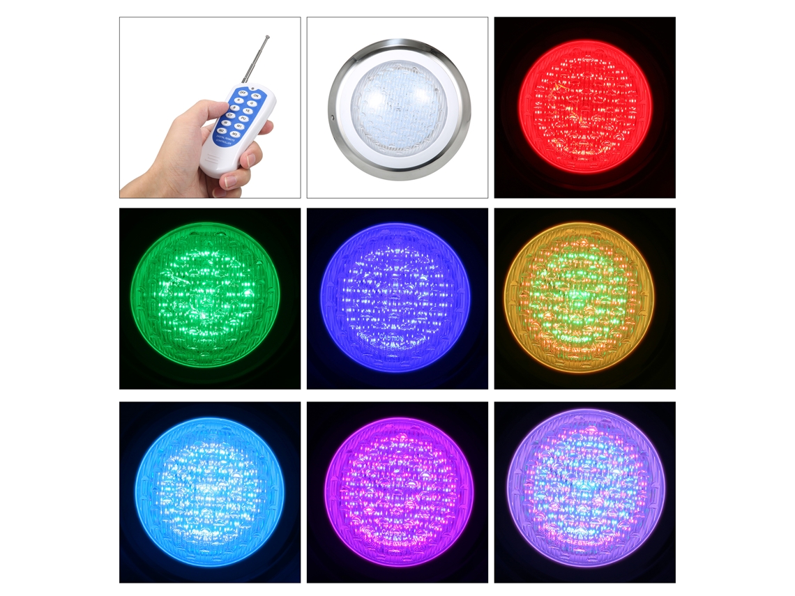 Lámpara LED RGB para piscina de 18 W y 12 V con clasificación IP68 y control remoto.