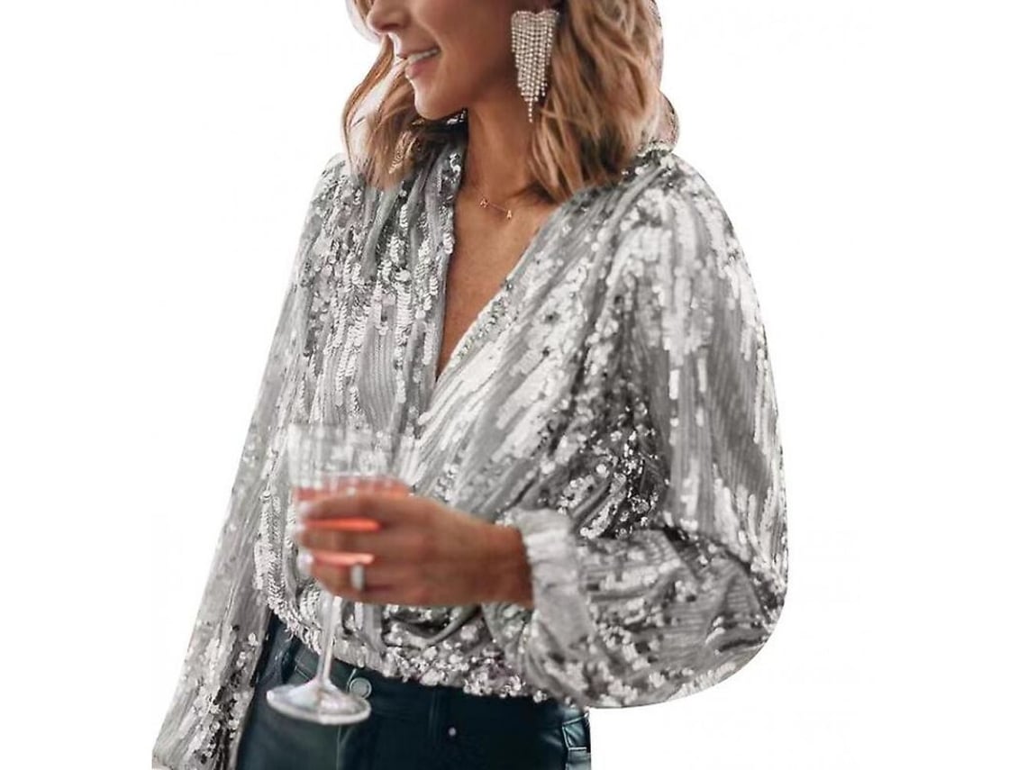2026-camisa De Mulher Com Strass Gola Em V Manga Longa Para Festa Qhi Xxl Plata