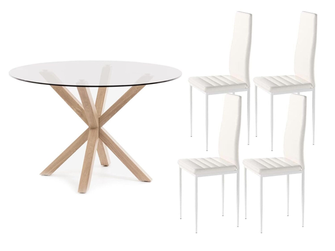 Pack Mesa Redonda de Cristal Templado 4 Sillas polipiel/metal Blanco 120x75 cm SALDOSYSTOCKS