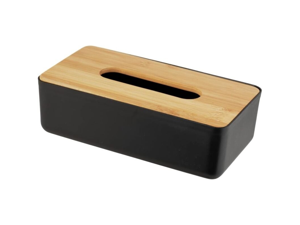 Caja de pañuelos de plástico con tapa de bambú, fácil extracción, 24,5 x 9 x 12,5 cm, color negro/natural