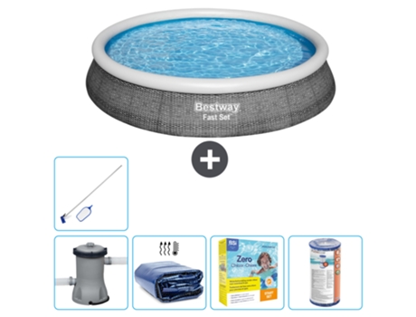 Piscina hinchable redonda Fast Set BESTWAY - Estampado ratán - 396 x 84 cm - Bomba incluida Accesorios CB20