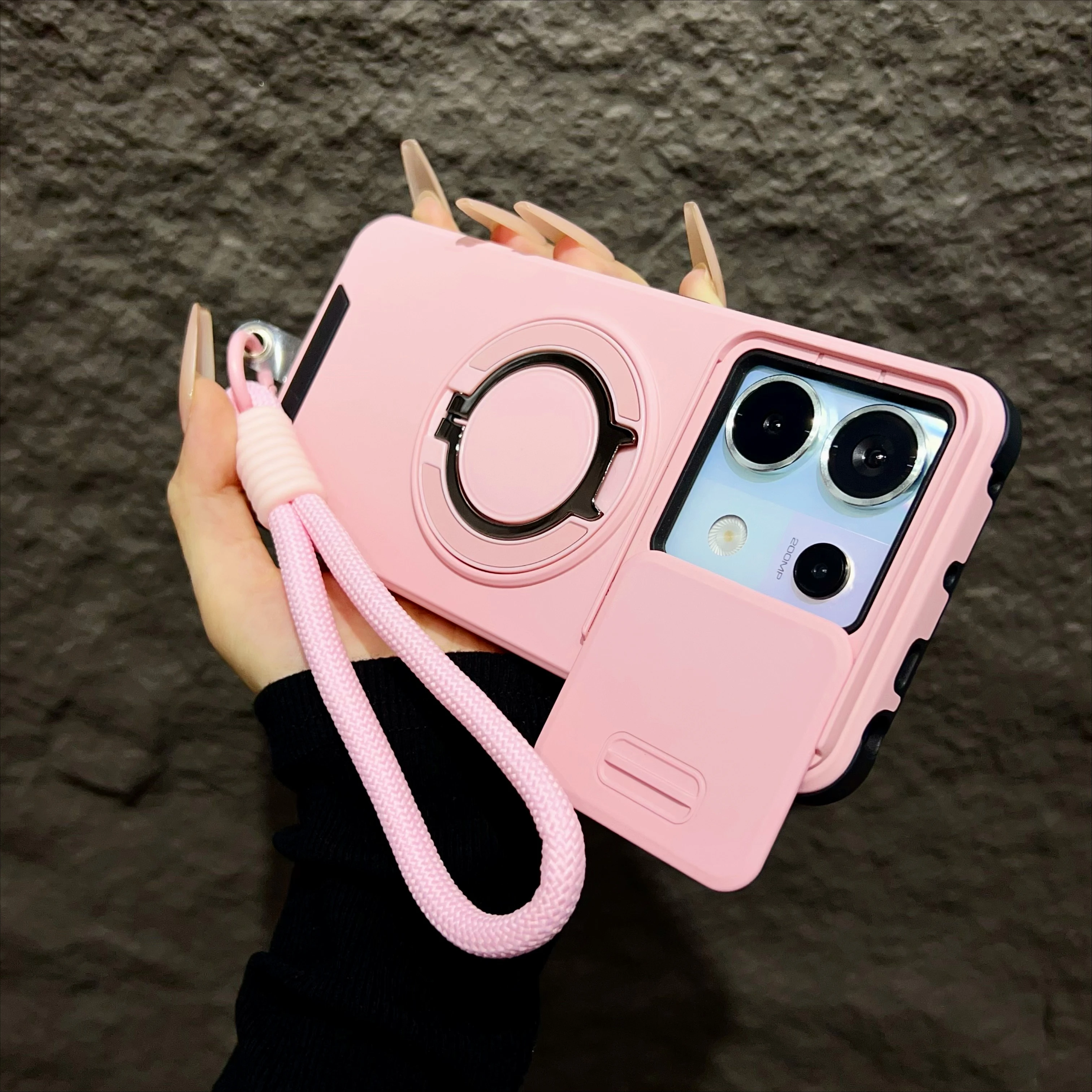 (rosa, Redmi Note 14 Pro 5g (global)) Funda Protectora Para Soporte Giratorio 360° Con Aro Magnético De Succión, Protección Antichoque