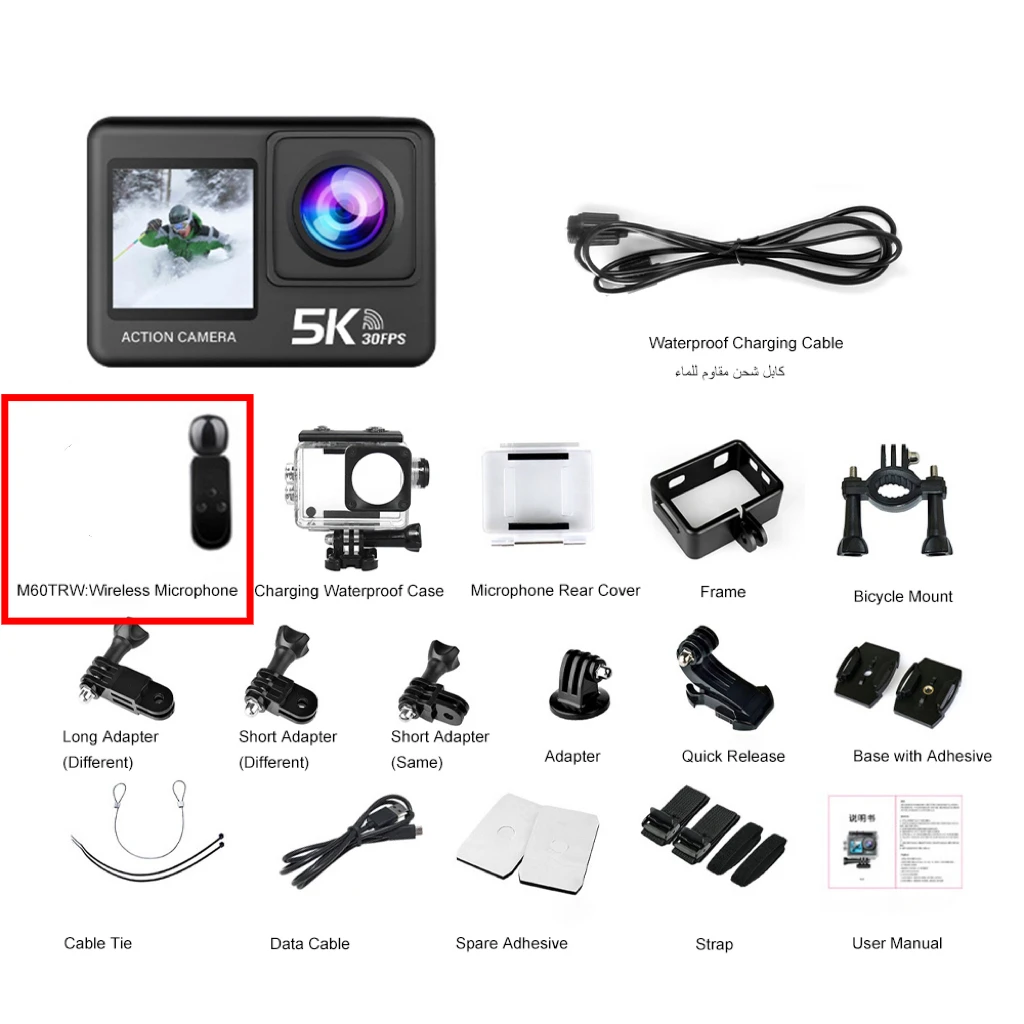 (versión 2 - Micrófono Inalámbrico De 64 Gb) Cámara De Acción 5k, Resistente Al Agua Hasta 30 Metros, Pantalla Táctil Wifi