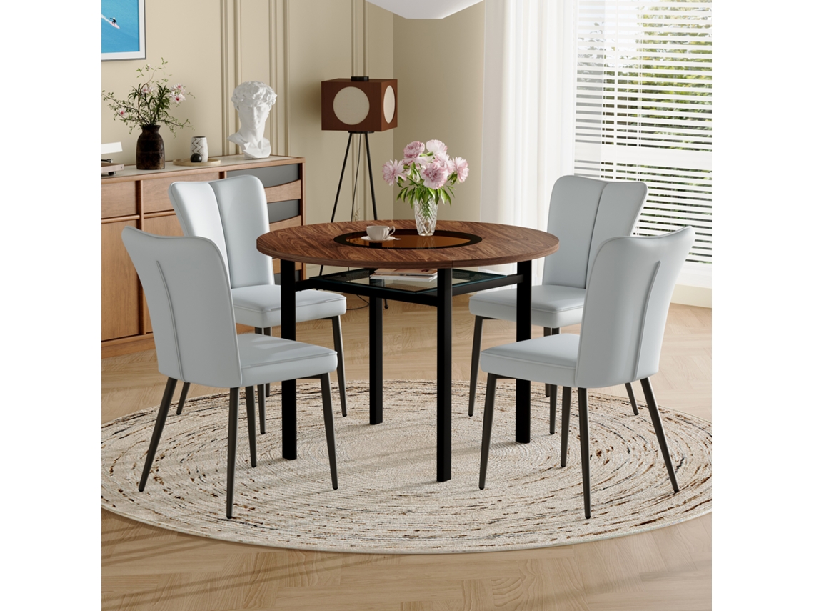 Conjunto De Comedor Redondo 100 Cm - 4 Sillas Pu Gris Claro - Mesa Madera Marrón Y Negra