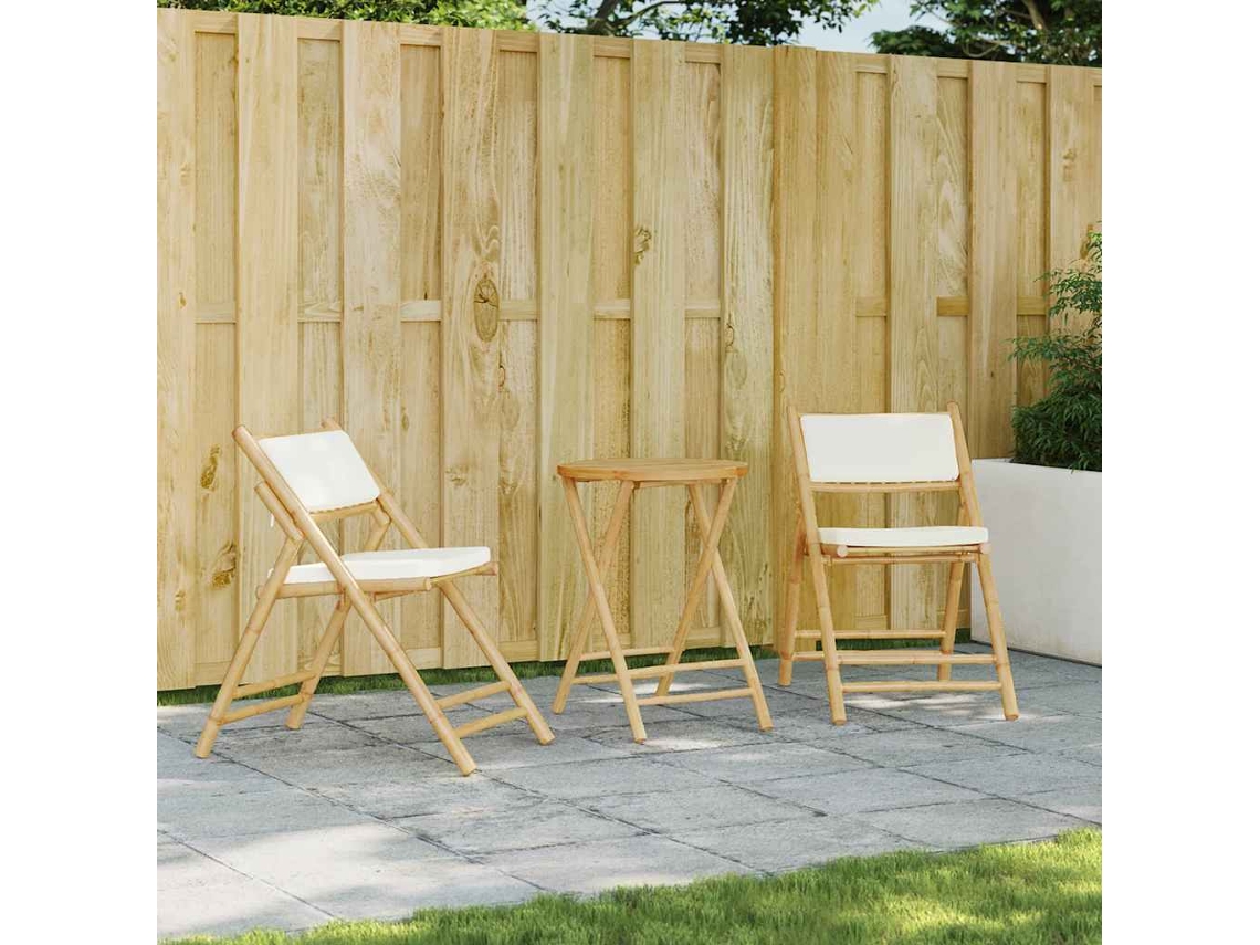 Conjunto de bistró plegable de 3 piezas con cojines de bambú blanco crema, Dkd Home Decor