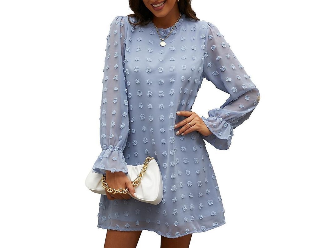 2026-vestido De Chiffon Jacquard De Manga Larga Con Cuello V Y Borde Volado Para Mujer
