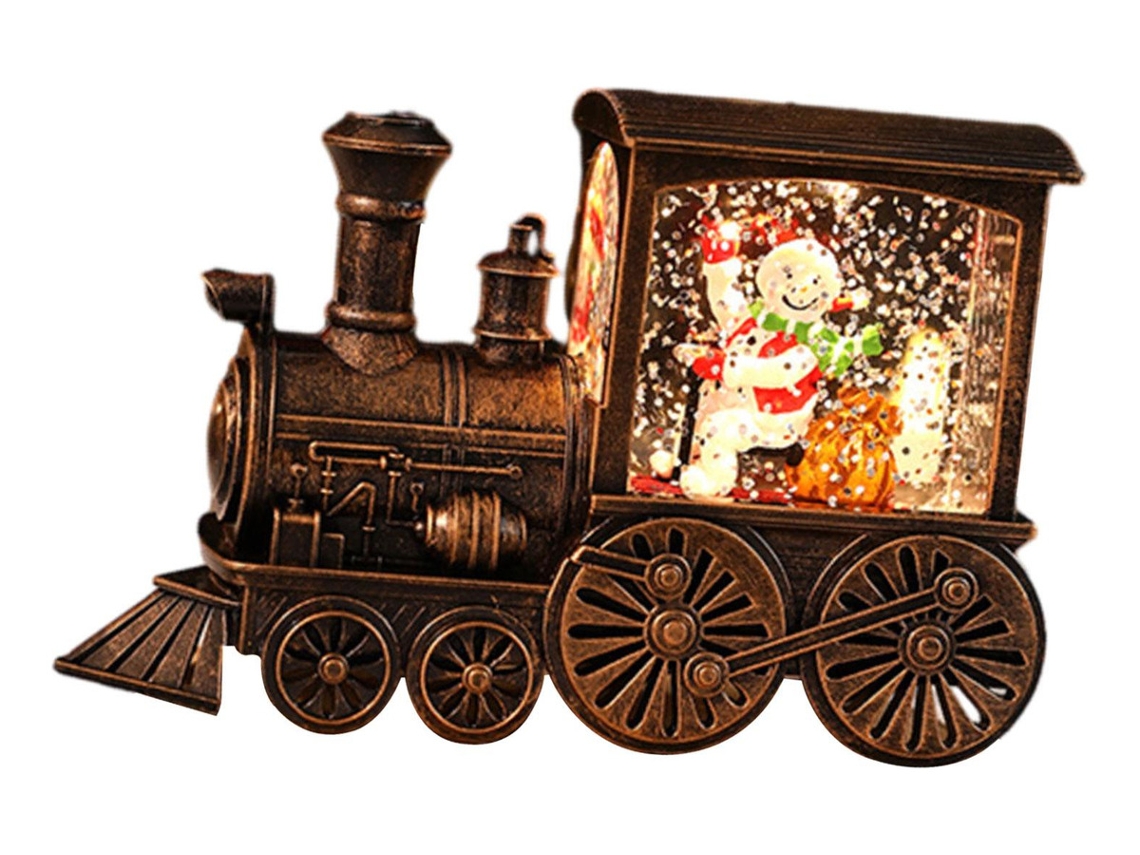 Farol de tren navideño de bronce y muñeco de nieve