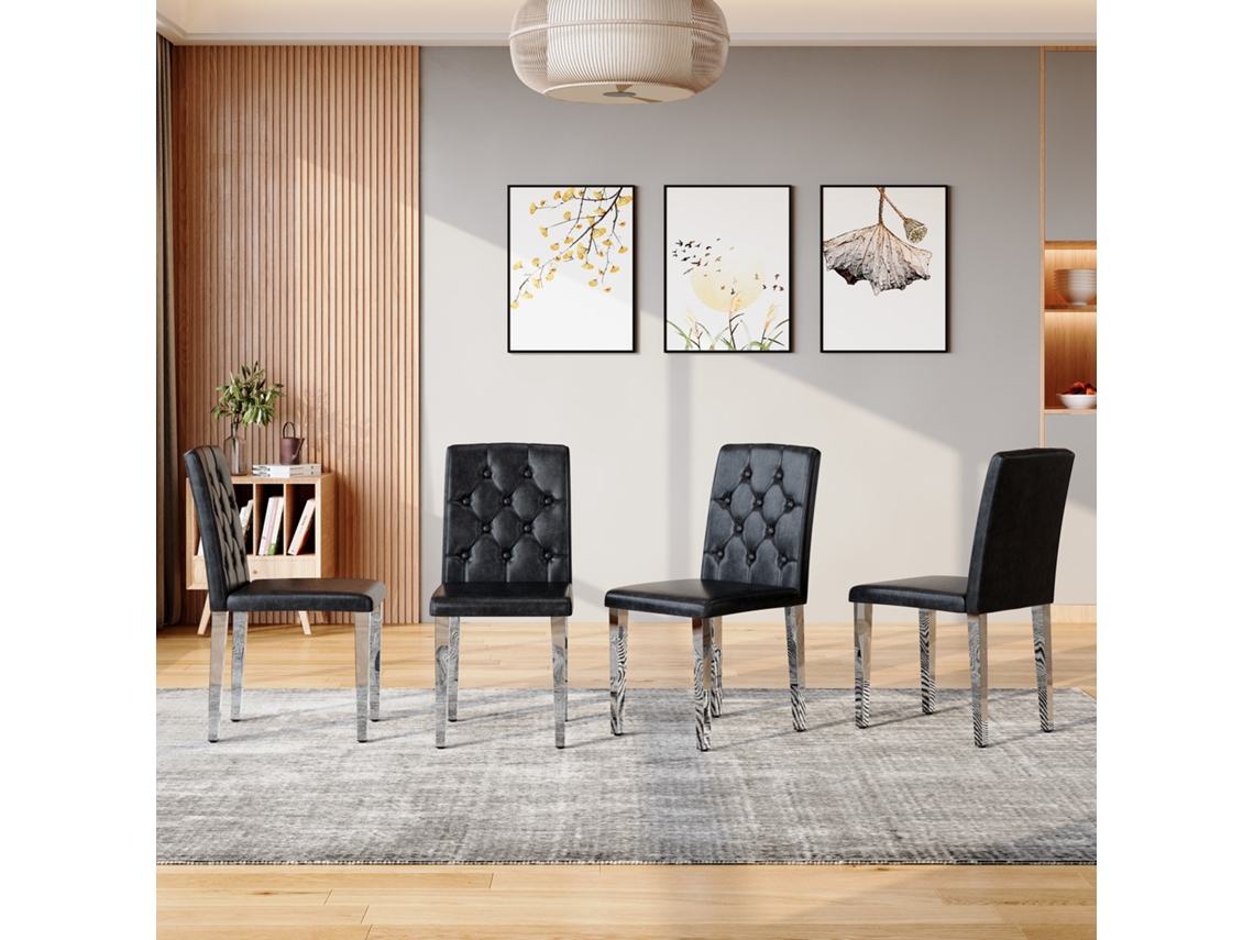 Set De 4 Sillas De Comedor - Negro Con Acabado En Plata Brillante - Lujo Ligero
