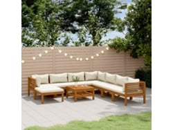 9 Piezas Conjunto Lounge Jardim C/ Almofadões Creme Acácia Maciça Dkd Decoración Del Hogar