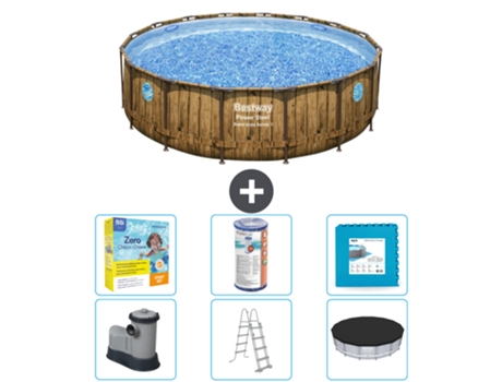Piscina BESTWAY Round Power Steel Swim Vista - Impresión en madera - 488 x 122 - Incluye bomba - Escalera - Cubierta Accesorios CB34