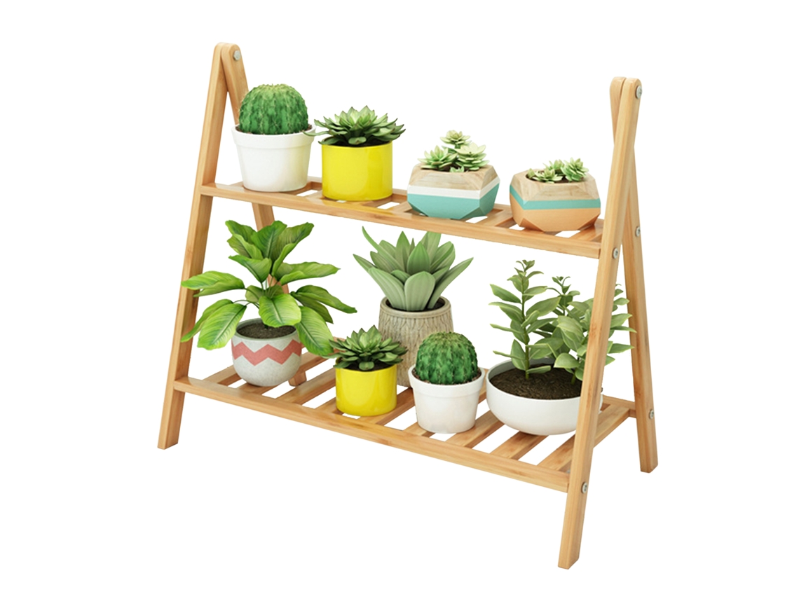 Soporte multicapa de bambú para macetas, ideal para jardines interiores y exteriores.