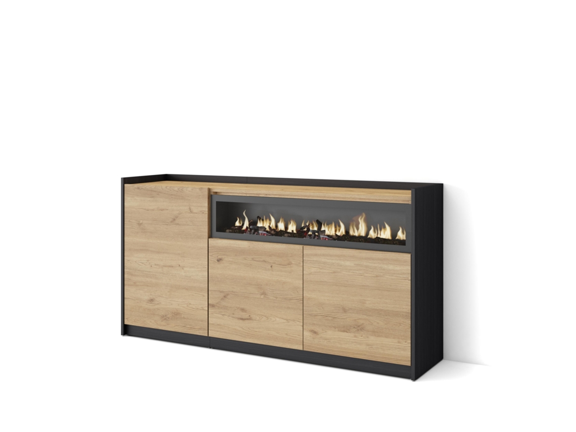 Aparador de comedor, 156x37x80cm, 3 puertas, chimenea eléctrica, roble y negro.