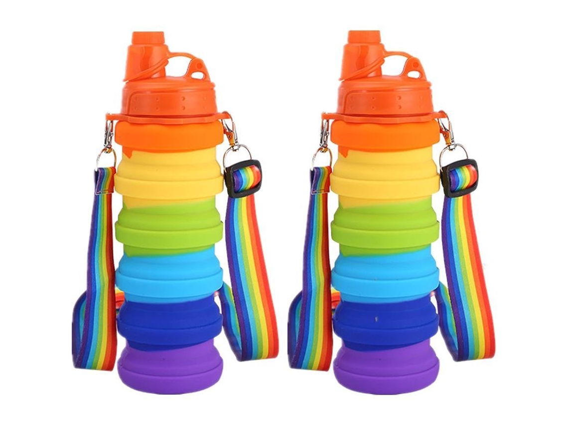 Botella de agua plegable de silicona con estampado de arcoíris, reutilizable y portátil, 500 ml, libre de BPA, ideal para viajes y deportes.