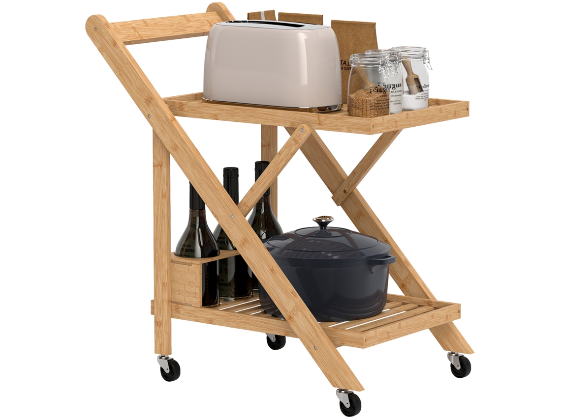 Carrito Cocina Bambú Plegable 2 Estantes 4 Ruedas 66x40x70cm Natural