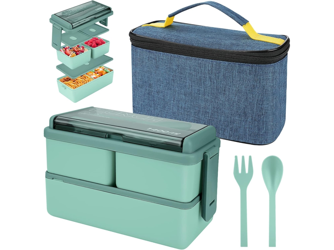 Caja Bento De 1400 Ml Con 3 Compartimentos Y 2 Capas, A Prueba De Fugas, Incluye Bolsa Termica Y Cubiertos, Verde